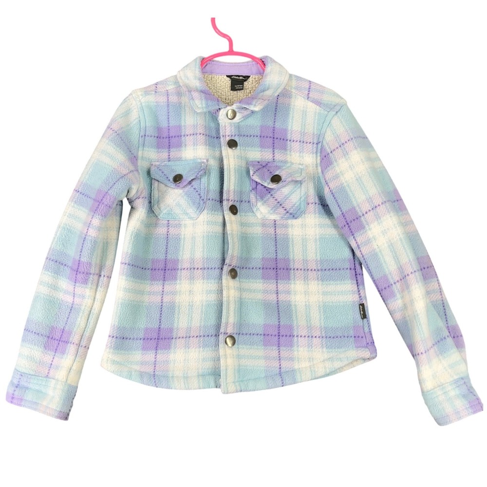 Eddie Bauer Girls Plaid Fleece Shacket Sherpa Lined‎ Blue Purple 6/6X Shirt